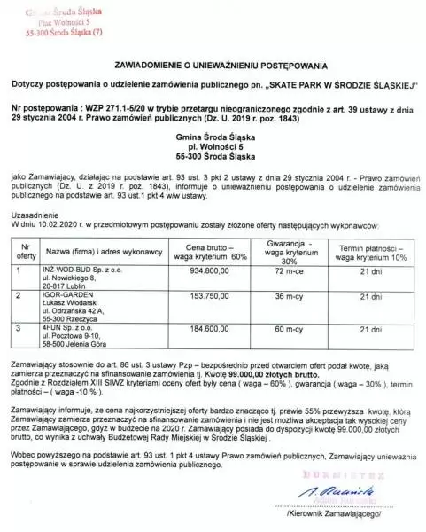 zawiadomienie o uniewaznieniu postepowania skate park