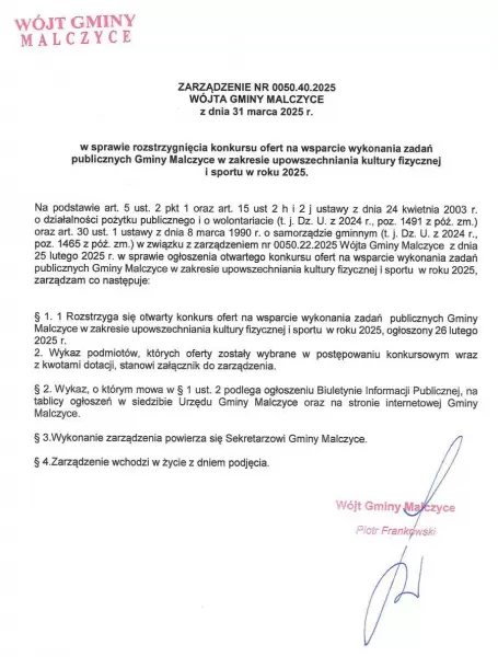 zarzadzenie nr 0050.40.2025 wojta gminy malczyce z dnia 31 marca 2025r. w sprawie rozstrzygniecia konkursu ofert na wsparcie wykonania zadan w zakresie upowszechniania kultury fizycznej i sportu w roku page 0001