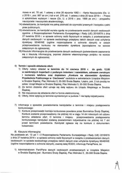 Ogłoszenie o konkursie na stanowisko dyrektora Przedszkola Publicznego w Ciechowie 5