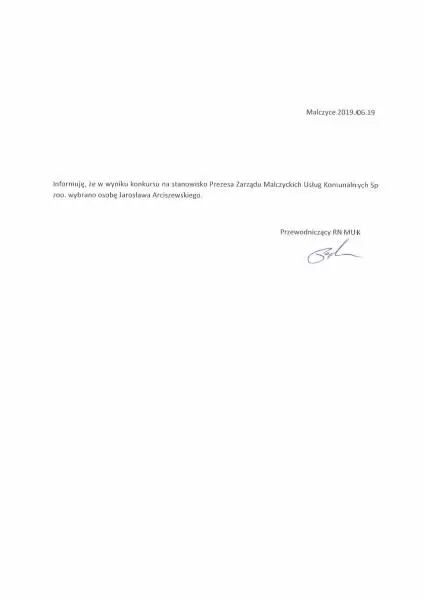 informacja o wyborze prezesa MUK 1