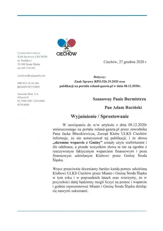 stanowisko klubu ulks ciechow w sprawie publikacji z dnia 08.12.2020 1