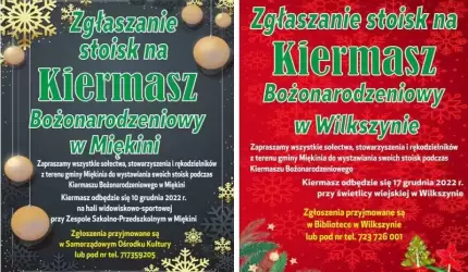 Trwa przyjmowanie zgłoszeń na Kiermasze Bożonarodzeniowe w Miękini i Wilkszynie