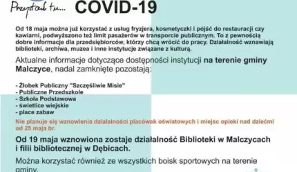 Aktualne informacje dot. dostępności instytucji na terenie gminy Malczyce
