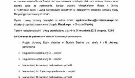 Przedłużenie konsultacji społecznych płatnej strefy parkowania w Środzie Śląskiej