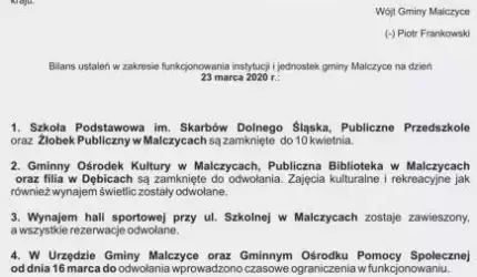 INFORMACJA wójta gminy Malczyce ws. funkcjonowania gminnych placówek