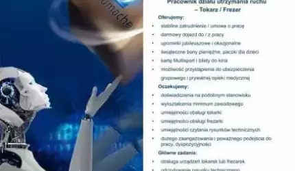 Pracownik działu utrzymania ruchu – Tokarz / Frezer. Praca!