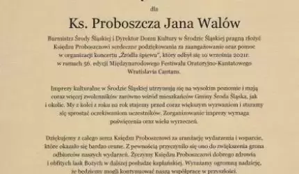 Komunikat UM Środa Śląska dot. podziękowań dla ks. proboszcza Jana Walów