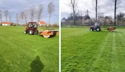 Wałowanie murawy boiska w Bukówku