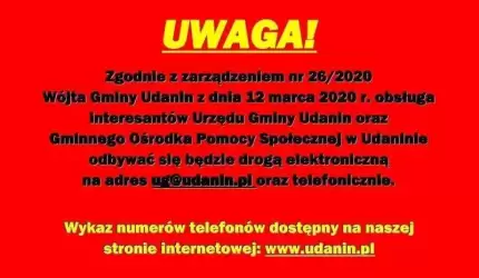 Informacja ws. obsług interesantów Urzędu Gminy oraz GOPS w Udaninie