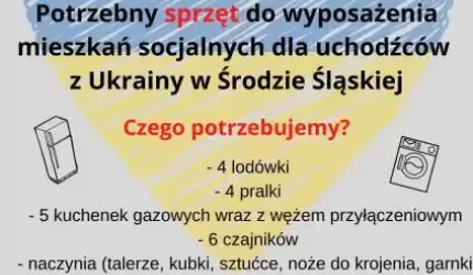Potrzebny sprzęt do wyposażenia mieszkań socjalnych dla uchodźców z Ukrainy w Środzie Śląskiej