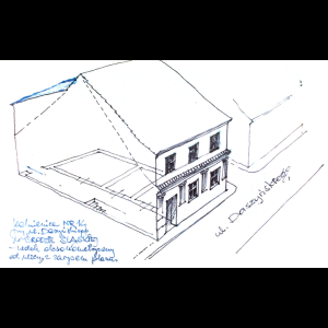 Ręcznie wykonany szkic budynku przy ulicy Daszyńskiego, z opisami w języku polskim. Muzeum Narodowe we Wrocławiu (mnwr.pl)