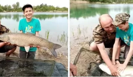 Młody wędkarz i jego imponujący połów